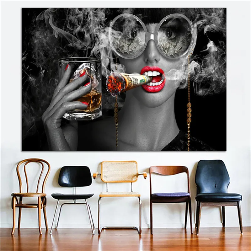 

USD dollars wall art pictures modern black smoking girl canvas posters prints canvas painting quadro decoration home decor art
