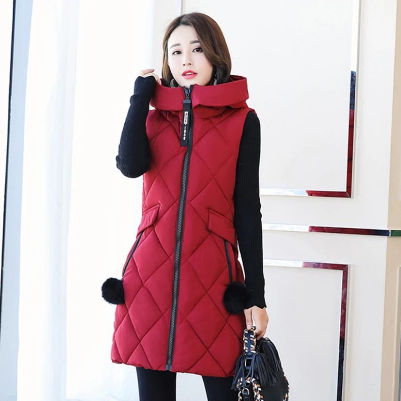 

Plus Size New Women Down Jackets Vest With Hooded Hairball Solid Quilted Long Coat Sleeveless Lady Slim Women's Winter Waistcoat