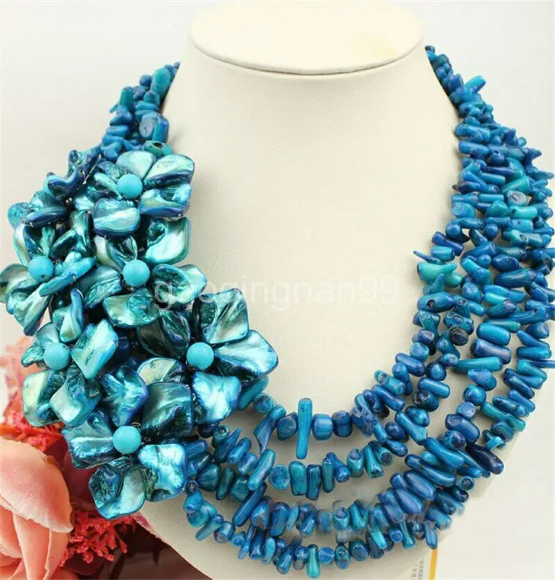 

4ROWS blue coral blue shell flower strand necklac