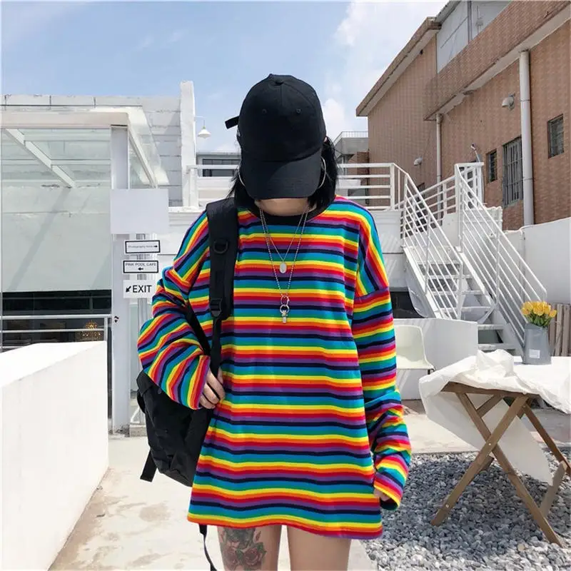 Радужная полосатая футболка осень зима Толстовка Harajuku футболка большого размера корейский женская повседневная женская одежда