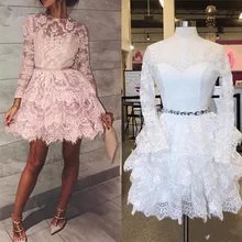 Красивые кружевные короткие коктейльные платья с оборками, Многоуровневое мини-платье с круглым вырезом и длинными рукавами, модное платье для выпускного вечера Abiye Vestidos