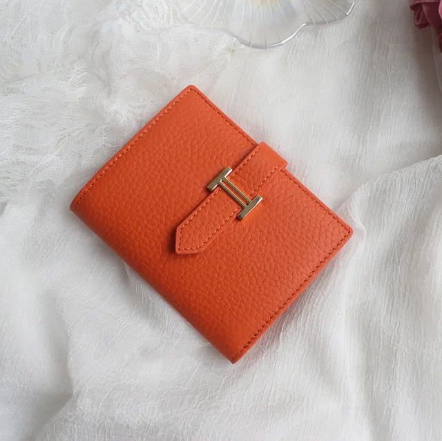 Genuine Leather Women Luxury Lychee Pattern Wallets Long Brand Zipper Coin Purses Female Solid Colors Hasp Thin Clutch Phone Bag Short Orange