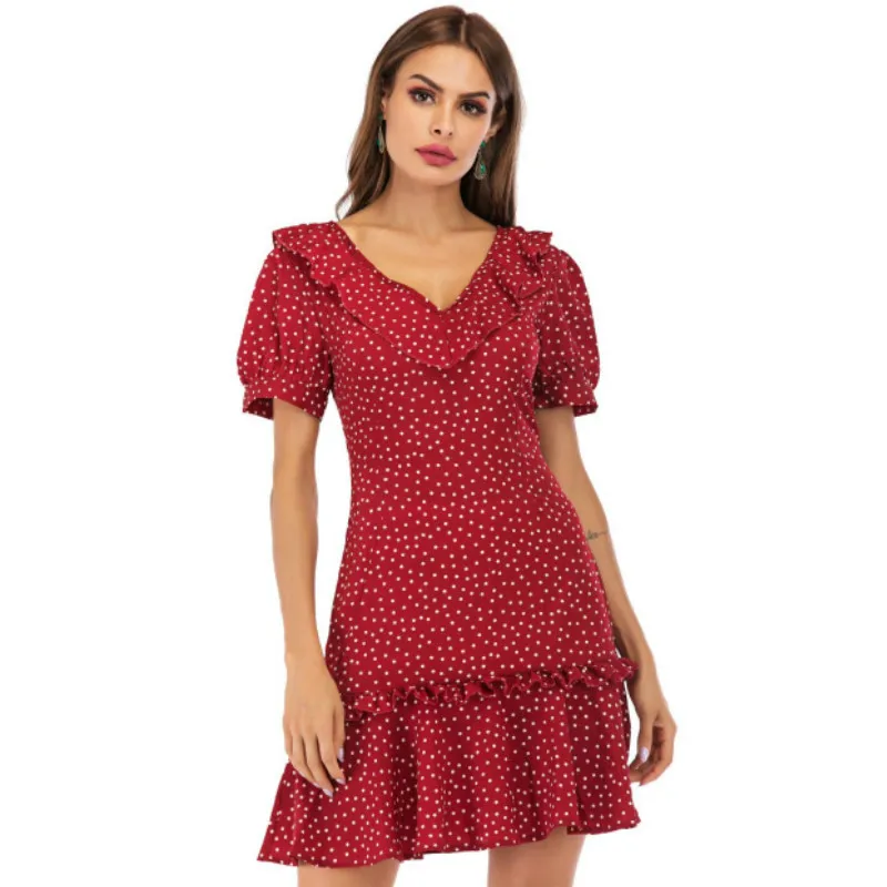 

Women's skirt Summer New Skirt Wavelet Point V-neck mini skirt sweety cascading ruffle cute short sleeve Empire bandage