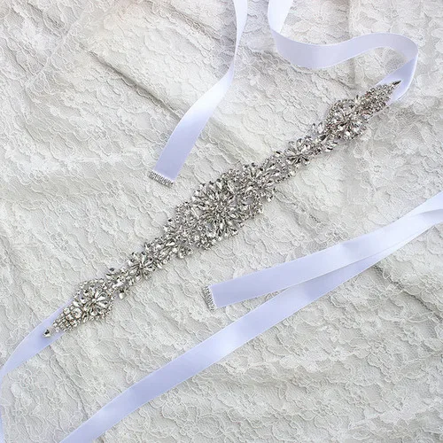 Green Satin Ribbon Sash Belt Sliver Rhinestones satin Bridal Belt For wedding dress accessories - Цвет: color 20