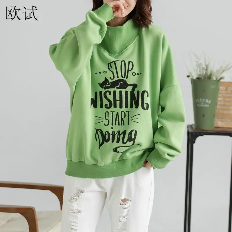 

Plus Size Turtleneck Sweatshirt Hoodies Women 2019 Autumn Cat Letters Tops Oversized Warm Sweatshirts with Velvet Sudadera Mujer