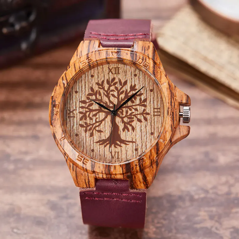 

Creative Imitatio Wood Watches Soft Leather Strap Life Tree Dial Timepieces Natural Quartz Wood Watch Clock Gifts for Men Women