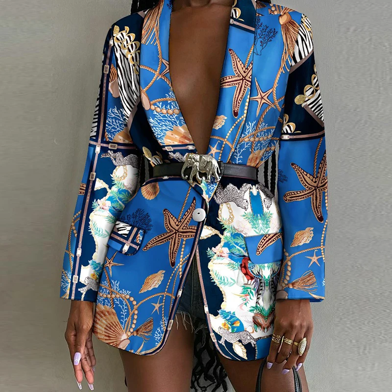 Turn-down Collar All Over Print Single Button Blazer Women Casual Jacket Elegant Abstract Graphic Work Coat Blazers For Women
