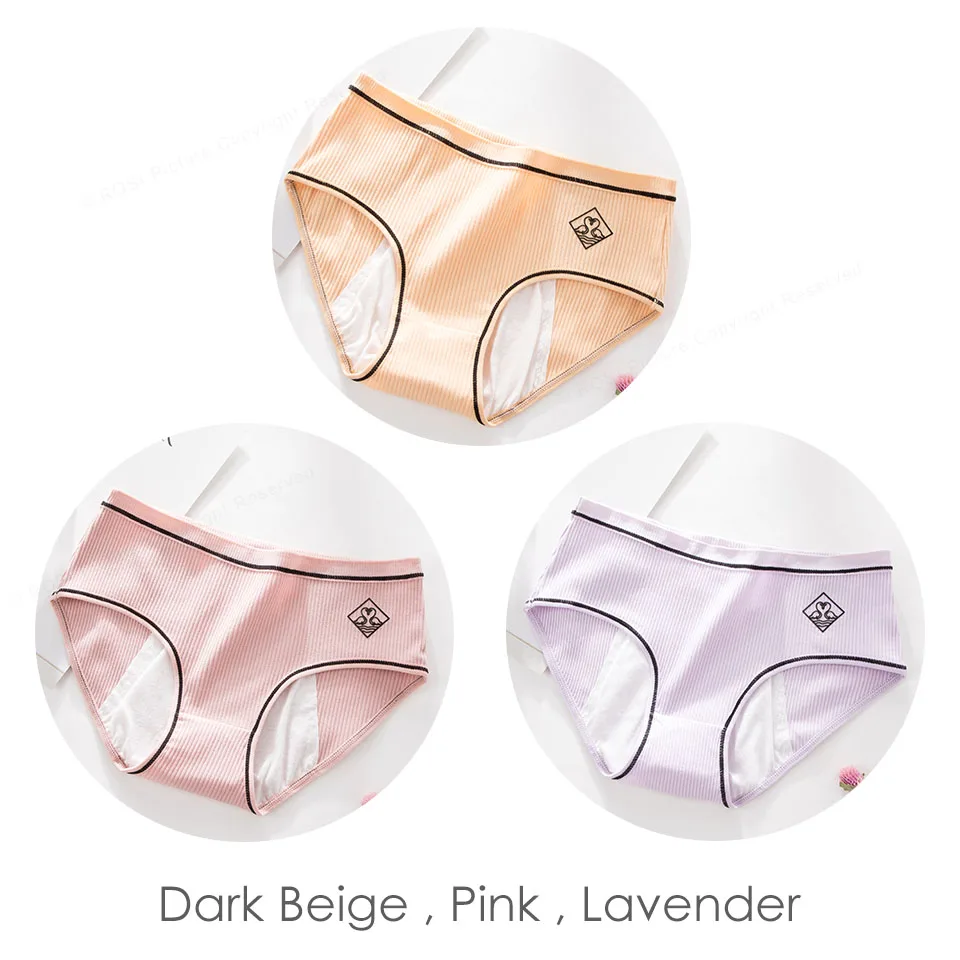 Cotton Menstrual Period Panties Underwear Women Brand Stripe Design Leakproof Physiological Briefs Underpants Female 3pcs ROSI - Цвет: DBeige Pink Lavender