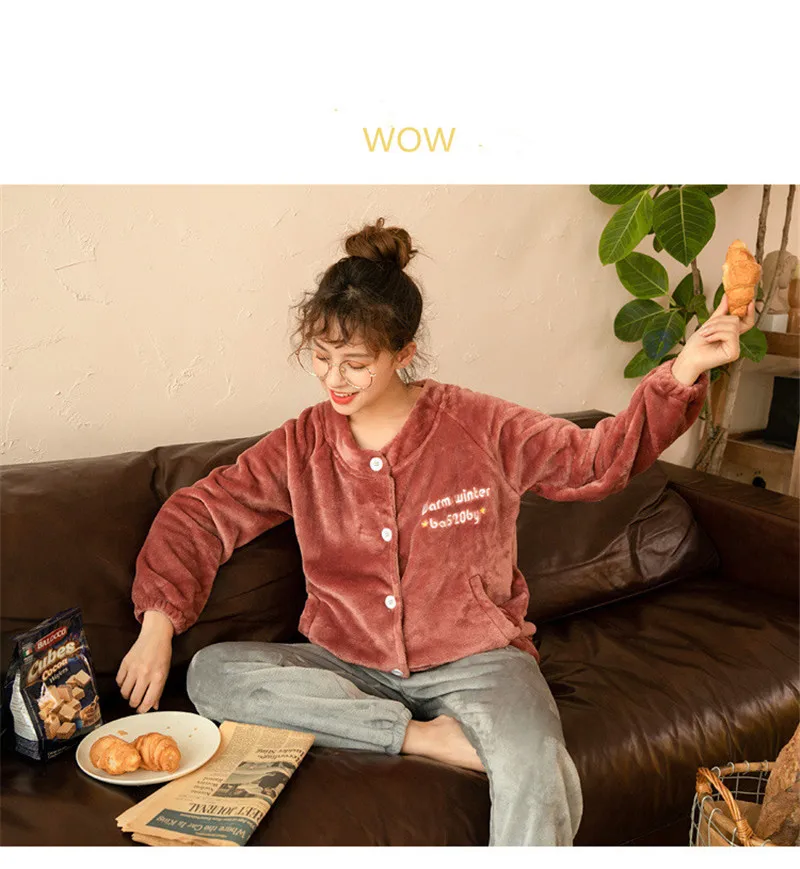 JULY'S SONG Women Pajama Sets Flannel Winter Pajamas Long Sleeve Full Trousers Simple Casual Warm Flannel Thick Homewear Suit