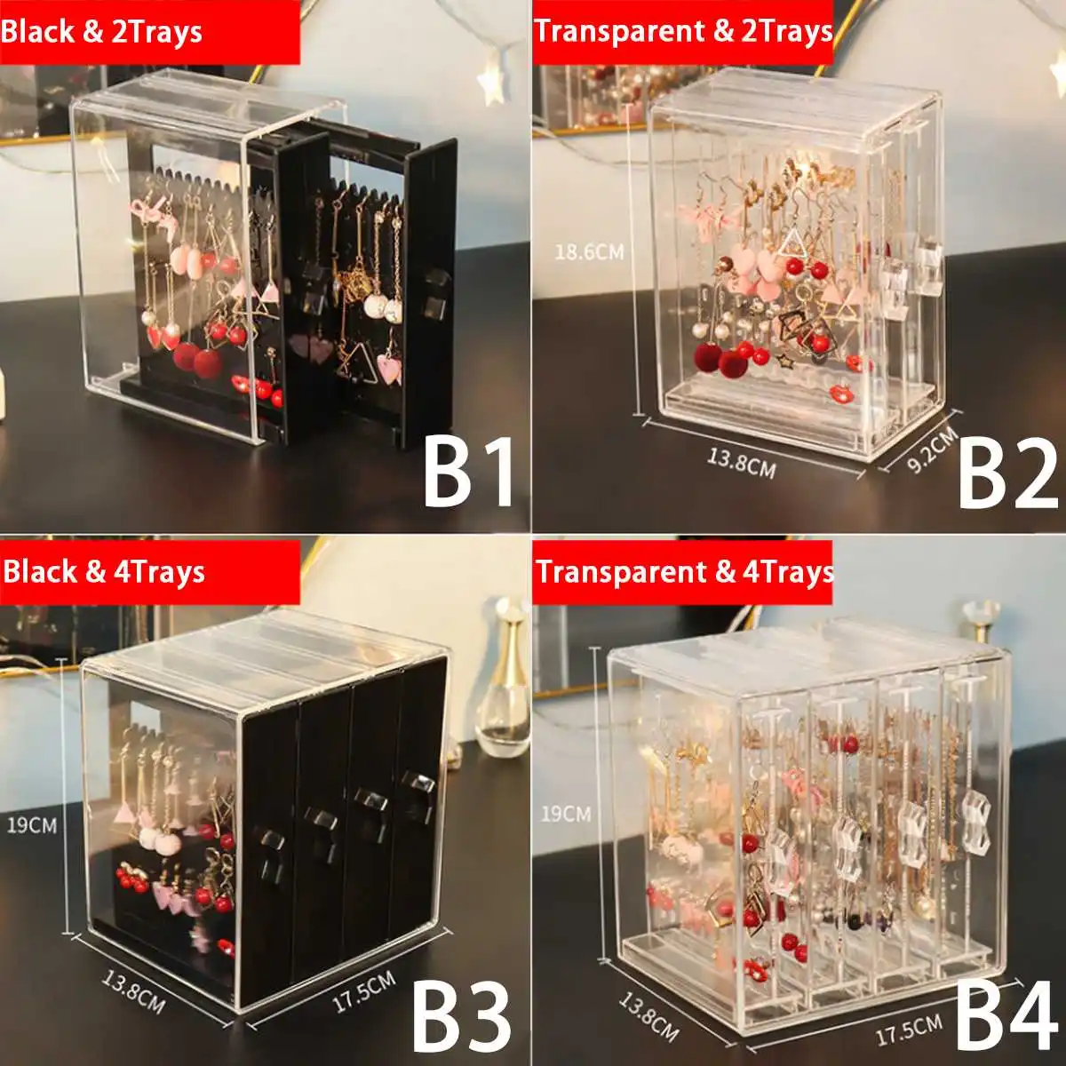2/3/4 лотки Прозрачный Акриловый Витринный Шкаф Ювелирных изделий Дисплей держит серьги-Клипсы Серьги-гвоздики держатель Органайзер для ювелирных изделий серьги Витрина для ювелирных украшений, подставка