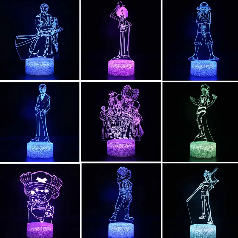 3d Anime Night Light One Piece Figure Luffy Team Zoro Nami Usopp Sanji Robin Brook LED 3D Night Lamp for Children Kid Gifts Toys