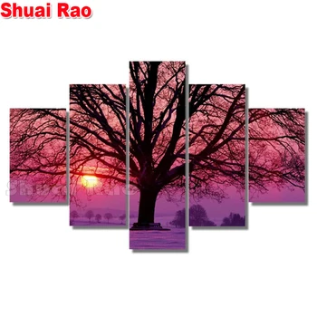 

Multi-Panel diamond mosaic red tree,5 d diy painting diamond 5 Pieces diamond embroidery full round diamond art Sunset scenery