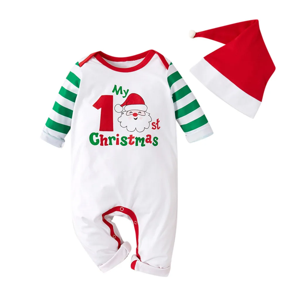 Рождественская одежда для малышей комбинезон в полоску с изображением Санта-Клауса для мальчиков и девочек+ шапочка, 2 предмета, рождественские комплекты для малышей - Цвет: White