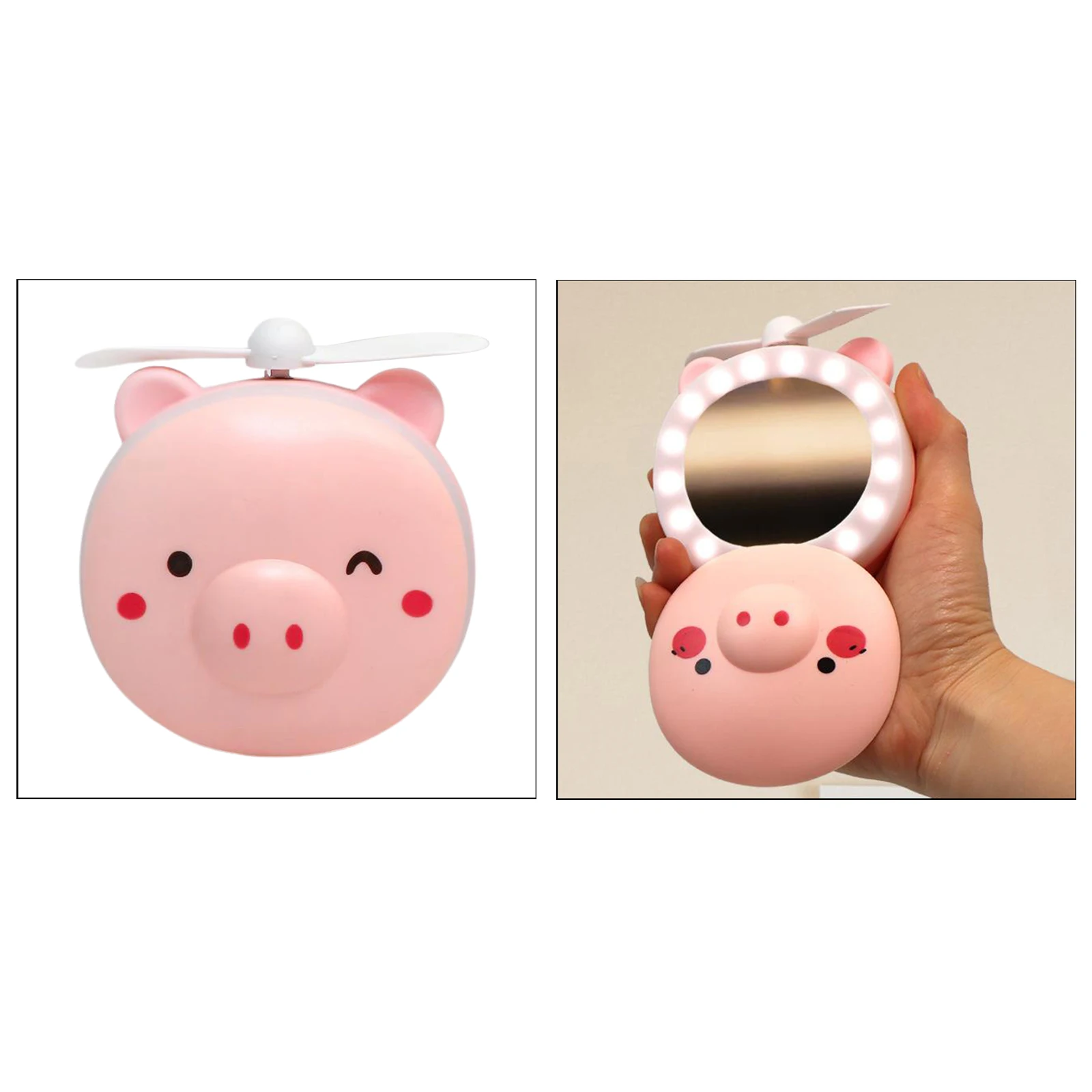3in1 Cute Piggy Mini Cosmetic Mirror Cooling Fan Light USB Outdoor Indoor