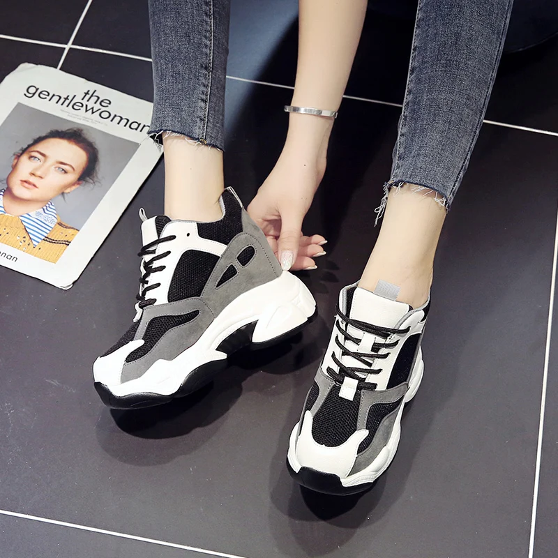 Autumn Women Super High Heel Sneakers Comfortable Round Head Vulcanized Shoes Woman Mesh Running Shoes Ladies Casual Shoes