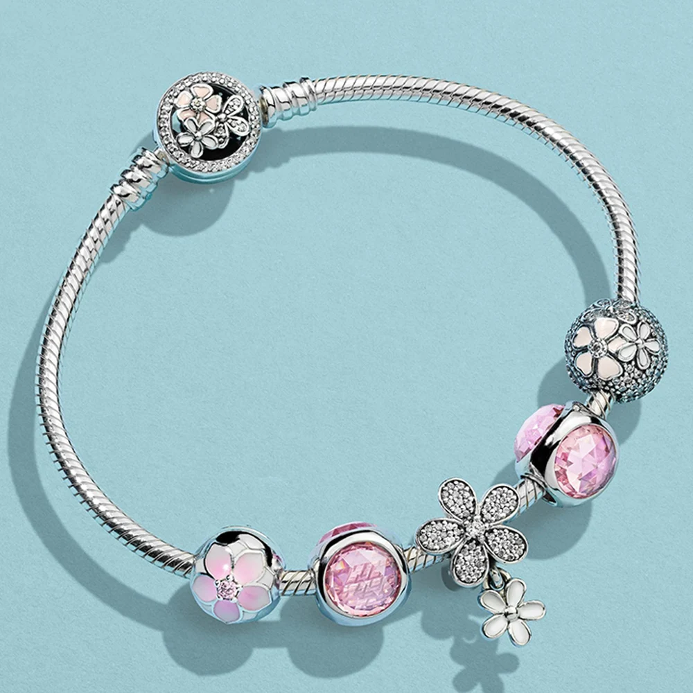 

2019 NEW 100% 925 Sterling Silver MAGNOLIA POETIC BLOOMS FIXED CLIP Pink Radiant Droplet Dazzling Daisy Duo Charm Bracelet Set