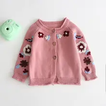 Весенне-осеннее пальто, свитер, хлопковый однобортный вязаный кардиган с цветочным рисунком для маленьких девочек, 3 цвета