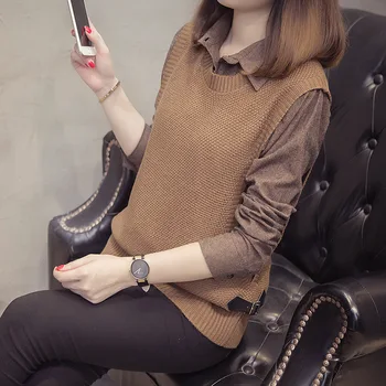 

Fat Sister Knitting Vest Waistcoat Shirt Sweater Coat Big Code Loose Fake Two-piece Set Top Female