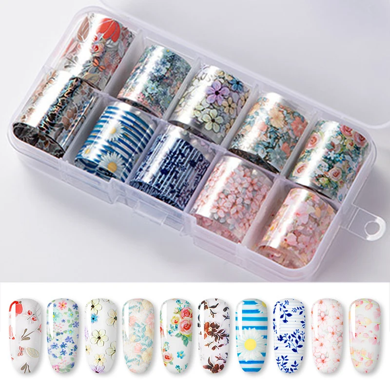 

10pcs/set Holographic Foil Nail Art Sticker Starry Paper Wraps Adhesive Transfer Decals Flowers Leopard Print Nails Decorations