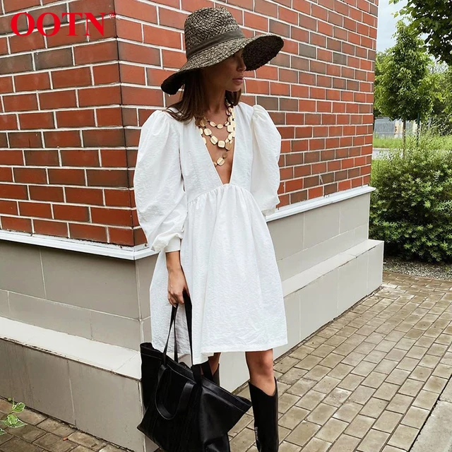 OOTN Deey V Neck Sexy Black Dress Women Puff Sleeve A Line Ladies Dress High Waist Casual Elegant Autumn Winter White Dresses 3