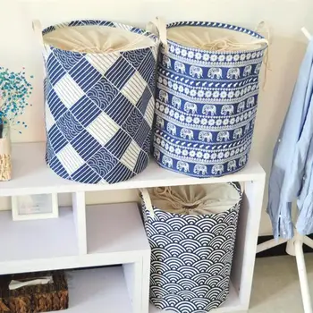 

Folding Laundry Basket Bucket Linen Fabric Blue Pattern Clothes Drawstring Storage Bag Household Bathroom Organizer
