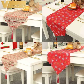 

Christmas Table Flag Runner Linen Printed Decor Elk Snowflake Printed Tassel Tablecloth Placemat Hotel Home Festival Decoration
