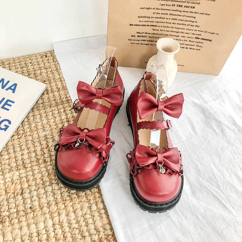 Harajuku/стильные тонкие туфли из искусственной кожи в винтажном стиле; женская летняя обувь в японском стиле с круглым закрытым носком и бантом; Женская обувь в стиле Лолиты; стиль колледжа