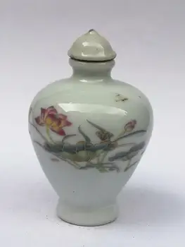 

YIZHU CULTUER ART Collection Old Chinese Famille rose Porcelain Painting Lotus Flower Snuff Bottle Decoration Gift