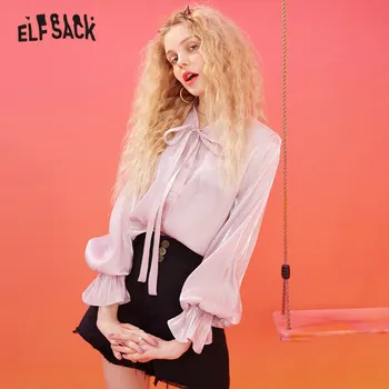 

ELFSACK White Solid Bow Neckline Satin Casual Blouse Women 2020 Spring Pink Elegant Lantern Sleeve Korean Girly Daily Tops