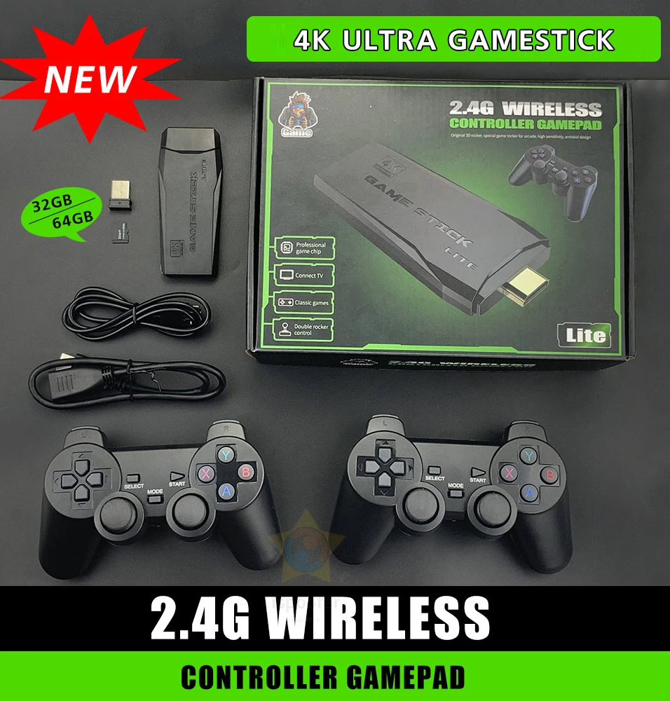 Wireless Console Game Stick 4K Ultra Video Game Console Dual GamePad for PS1/GBA Retro TV Game Console 32GB/64GB 10000 Games