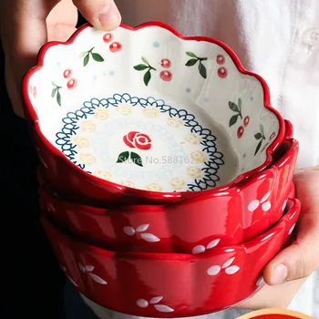 

Japanese Home Cute Girl Heart Single Ceramic Cherry Baking Bowl Baking Baked Rice Bowl Salad Fruit Beautiful Tableware