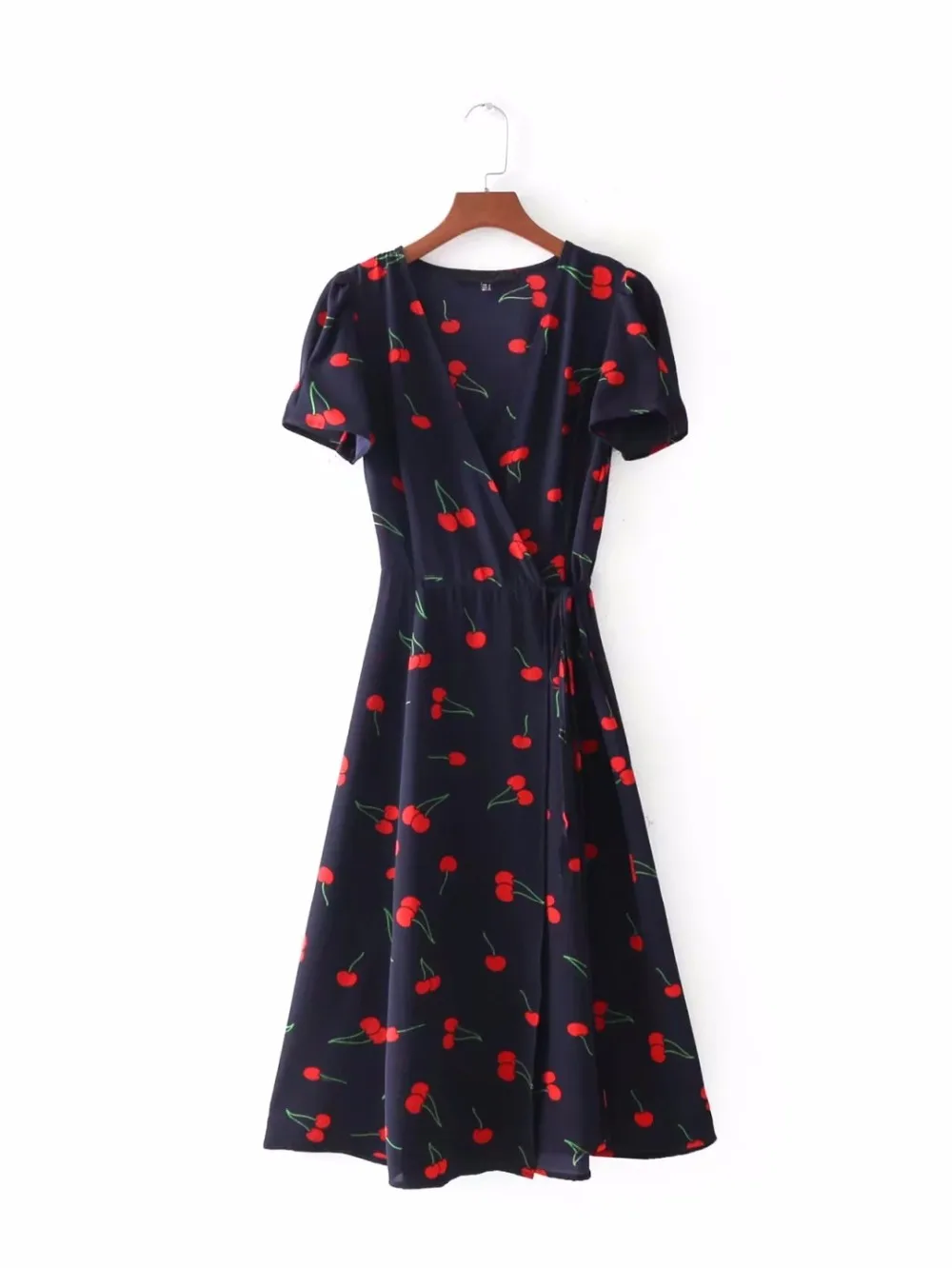 

Sweet HeisSummer Fashion Print Black and Red A-line Dress Short Sleeve Cross V-neck Waist Dress Women Dresses Summer 2021 Cherry