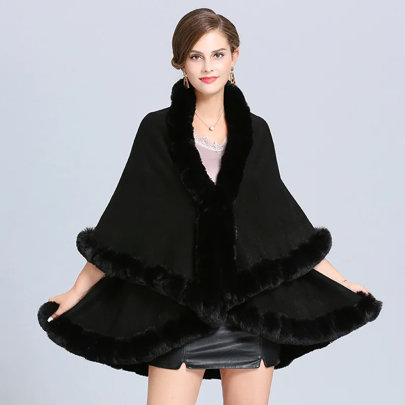 Female Big Pendulum Two Layers Cardigan Coat Women Winter Soild String Faux Fox Fur Collar Out Streetwear Black Poncho Capes