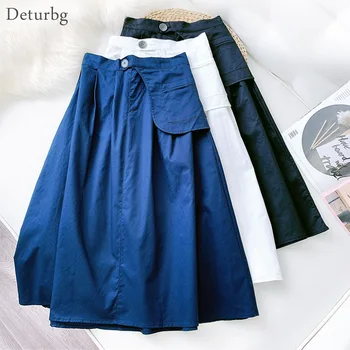 

Women's Elegant Solid Color Midi Skirt With Belt Pocket Korean Female High Waist Cotton A-Line Skirts Faldas 2020 Autumn SK560