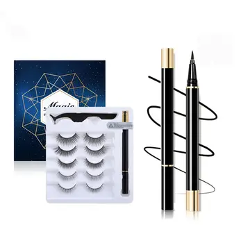 

3pair/5 Pairs Eyelashes Set Mink Lashes Non-Magnetic Sticky Black Eyeliner Faux Mink Eyelash &Tweezer Set
