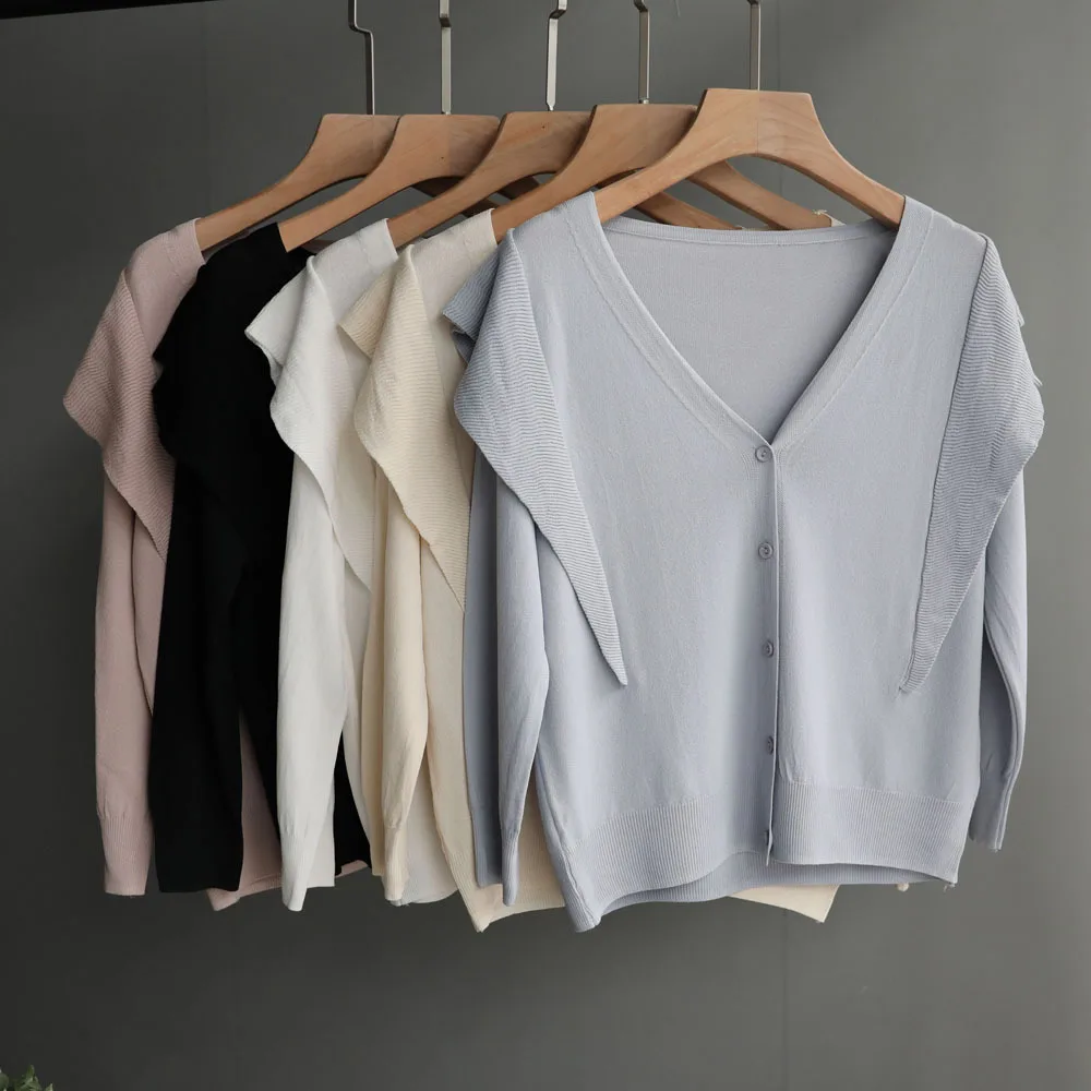 Солнцезащитный кардиган женский короткий Ice Silk Ruffled длинный рукав трикотаж Короткая шаль офис v-образный вырез женские топы тонкие