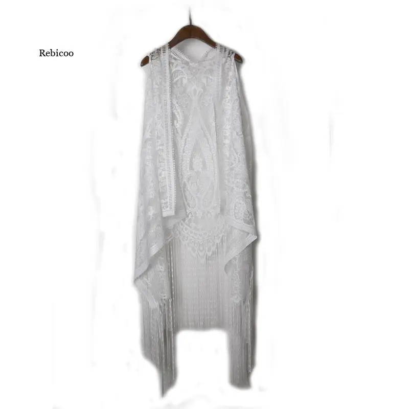 

Women Blouses Crochet Lace Holiday Crochet Boho Tops Sleeveless Tassles Hollow Out Blouse Beach Kimono Cardigan