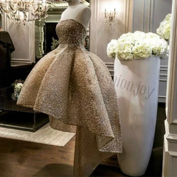 

2018 Fashion Strapless Sleeveless matrimonio Beaded Pearls Short Front Long Back wedding bridal gown bridesmaid Dresses