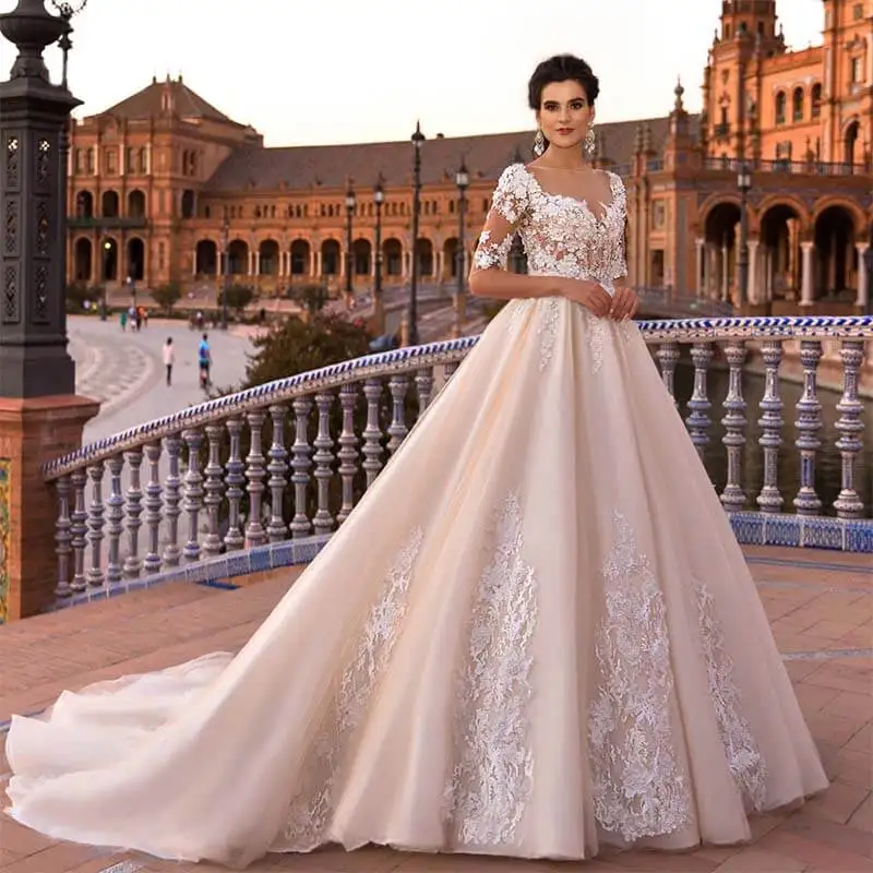 Vestidos De Novia сексуальные иллюзии с полурукавом и вырезом на спине свадебное платье винтажные кружевные аппликационные цветы линии Свадебные платья