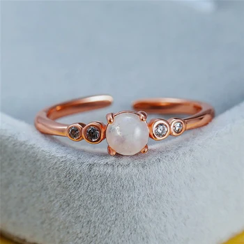 

Boho Female Small Round Natural Moonstone Ring Rose Gold Open Adjustable Ring Love Wedding Engagement Rings For Women