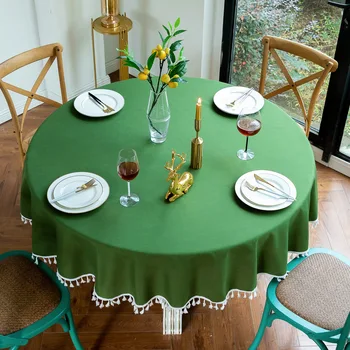 

Round Tablecloth Table Cloth Rounds Coffee Table for Living Room Pure Color Cotton and Linen Tassel Lace Party Banquet