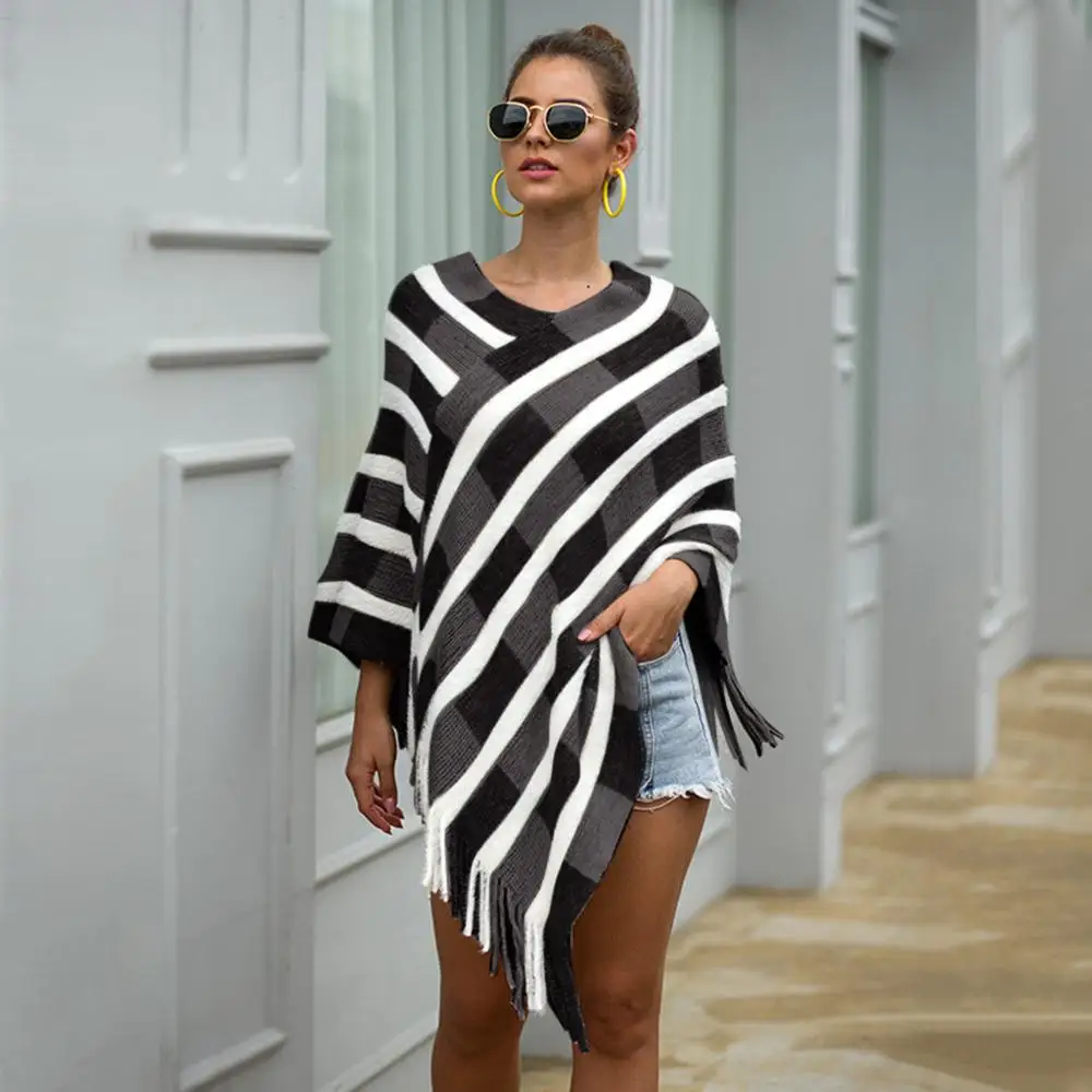 

New Ladies Pullover Women Autumn Winter Striped Knitted Cashmere Poncho Capes Shawl Cardigans Pullover Sweater Tops Coat Tops B2