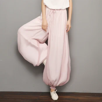 

2020 women patchwork high quality wide leg pants elastic waist linen vintage trouser women chinese pants