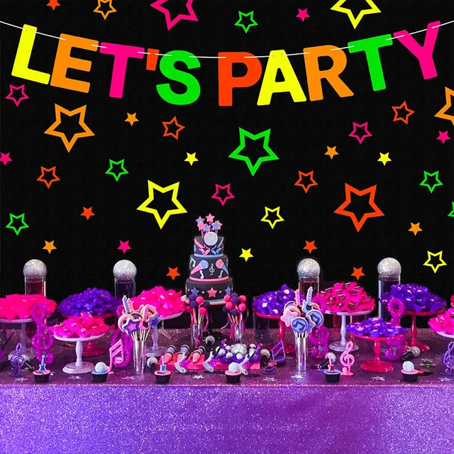 16Pcs Neon Paper Let's Party Banner with A4 Neon Paper Decor for Black Light Birthday Wedding Party Glow in The Dark Dance Party 5