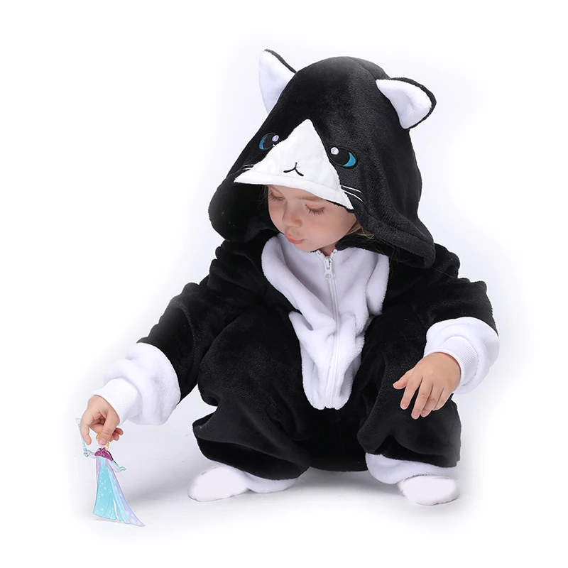 Детский Пижамный костюм кигурумис с изображением животных; Пижама с черным котом; фланелевая зимняя одежда для девочек и мальчиков с героями мультфильмов; одежда для домашней вечеринки; Детский комбинезон