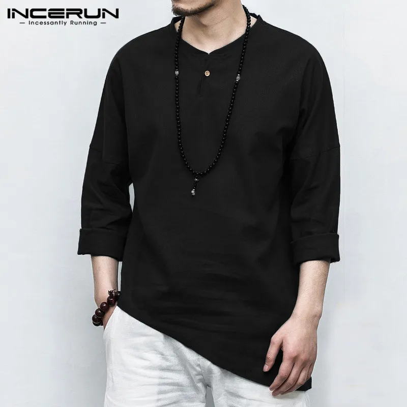 Black INCERUN/модные мужские рубашки в китайском стиле с коротким рукавом, новинка года, Однотонная рубашка с хлопком, мужские рубашки в винтажном стиле - Цвет: Black