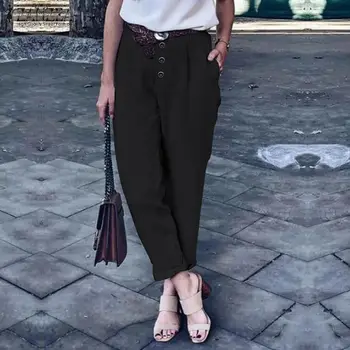 

2020 ZANZEA Women Solid Cotton Turnip Pantalons Elegant Work Office Long Pants Casual Pockets Buttons Trousers Female Palazzo