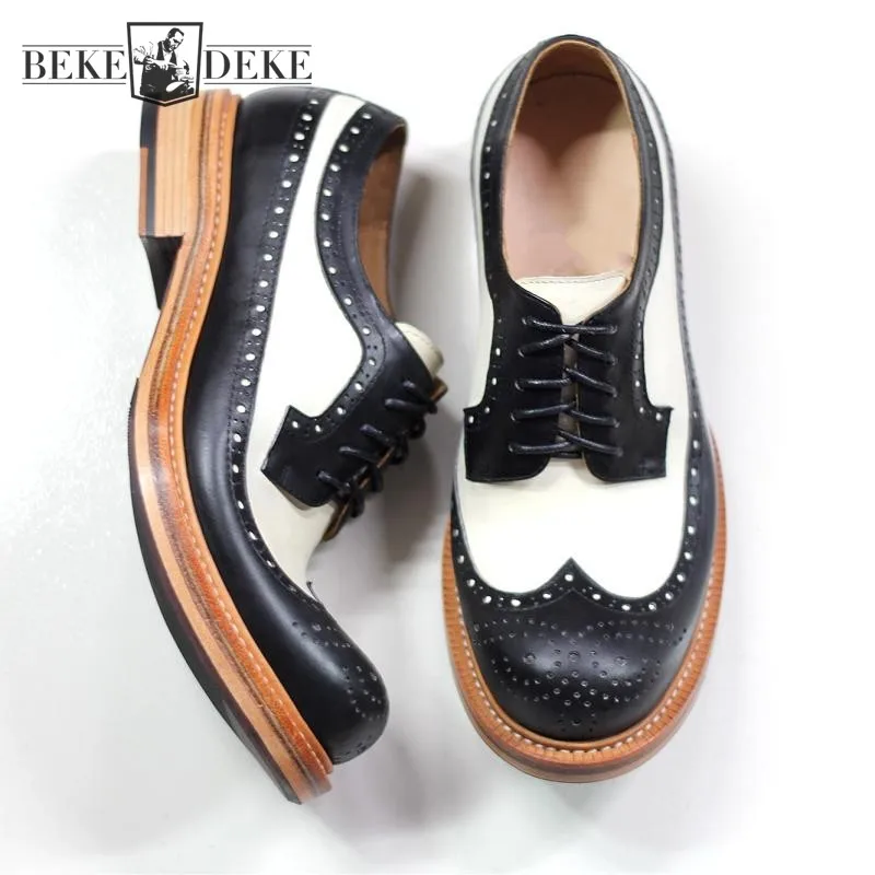 

Handmade Black White Mixed Colors Vintage Carved Brogue Shoes Men Party Dress Shoes Lace Up Cowhide Genuine Leather Oxfords Shoe