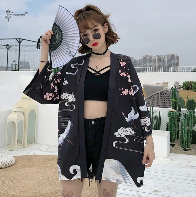 Kimono japonais Yukata pour femmes, Cardigan, imprimé de grue nuage,  chemise décontractée, costume de Cosplay asiatique, hauts veste de plage  d'été - AliExpress