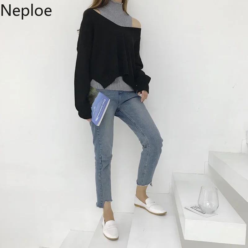 Neploe корейский 2 шт. кролик флис прямой невысокая горловина женская одежда сексуальная без бретелек плечо Свободный вязаный свитер осень 45662
